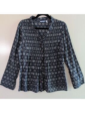 IZOD Boho Hippie Floral Print Cotton Blouse (Size M) Minimalist Top Navy Blue